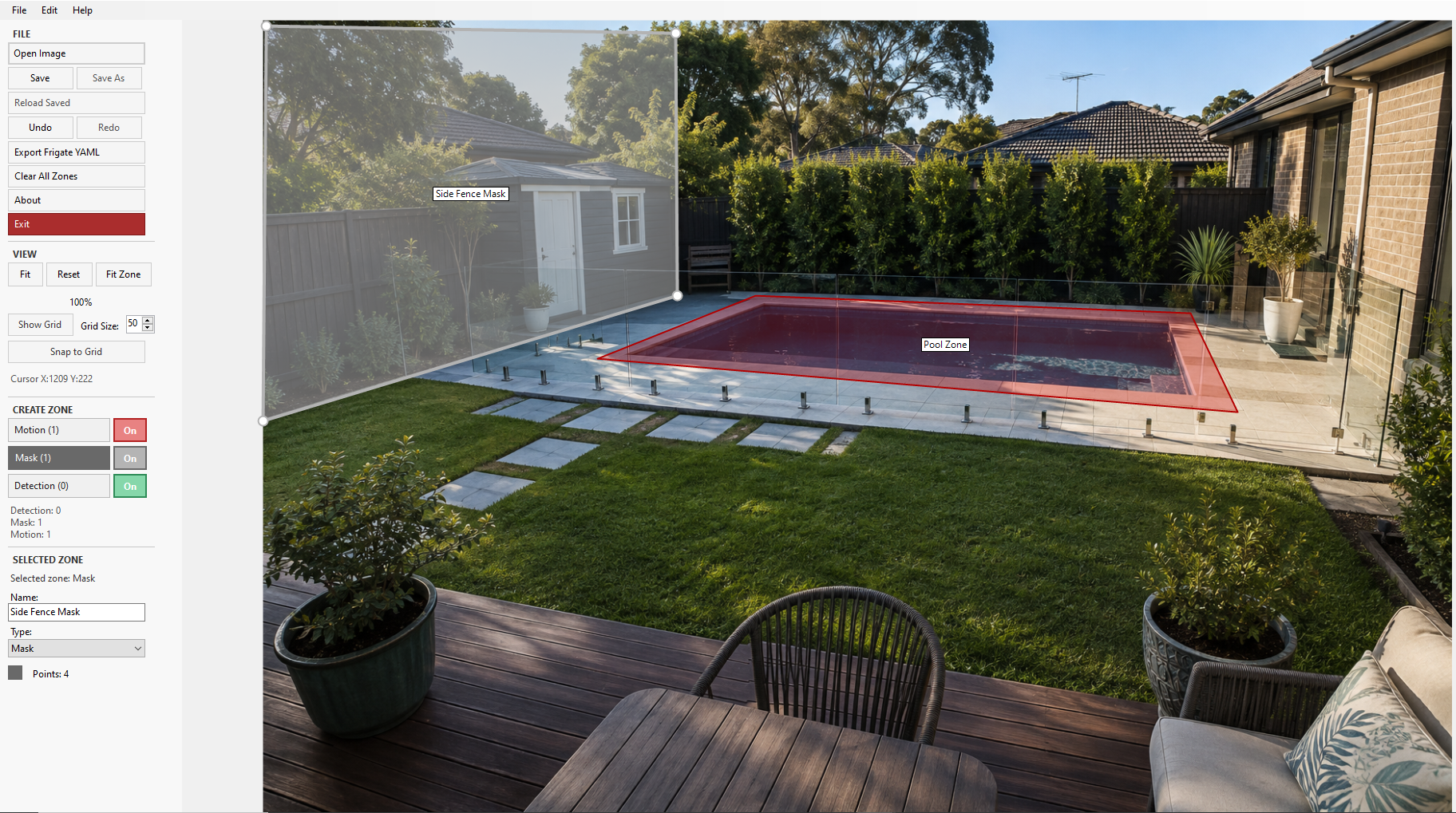 The real Zone Studio editor showing a pool zone and a selected side-fence mask over a backyard camera image