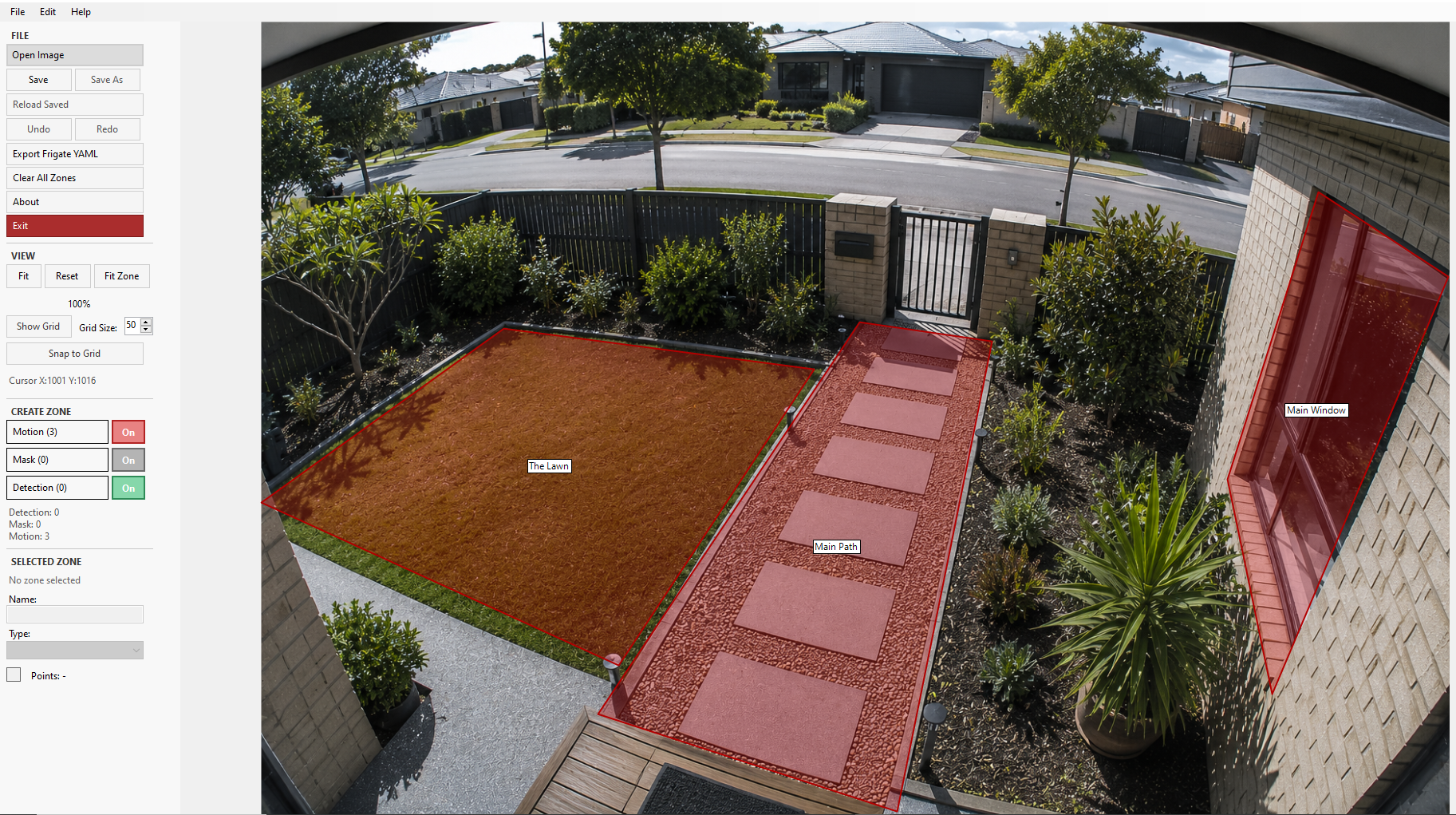 The real Zone Studio editor showing three motion polygons over a front-yard camera image