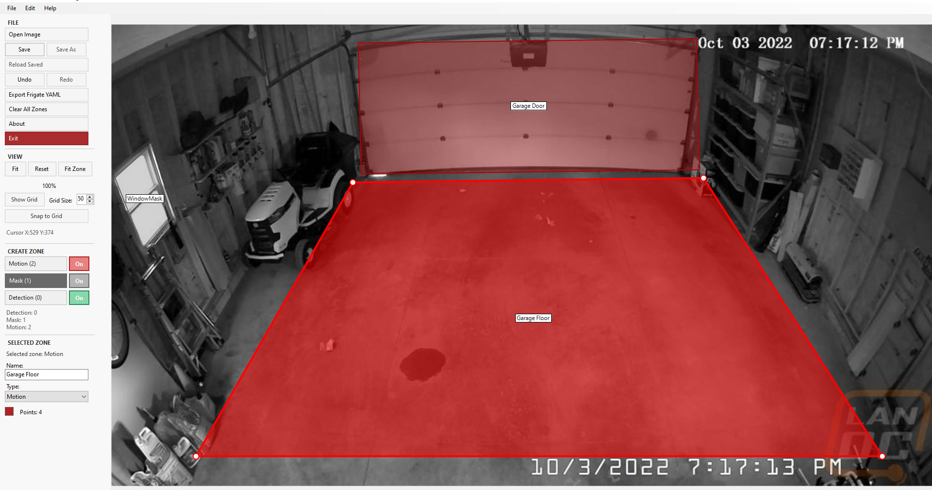 The real Zone Studio editor showing garage floor, garage door and window zones