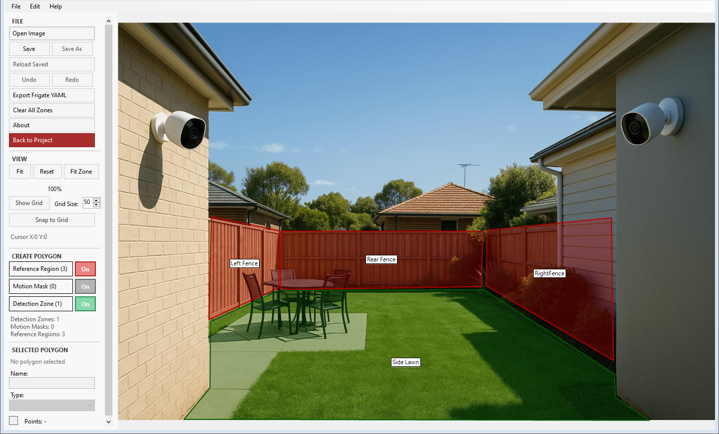 Zone Studio camera editor showing Detection Zones, Motion Masks and Reference Regions over a side-yard camera image