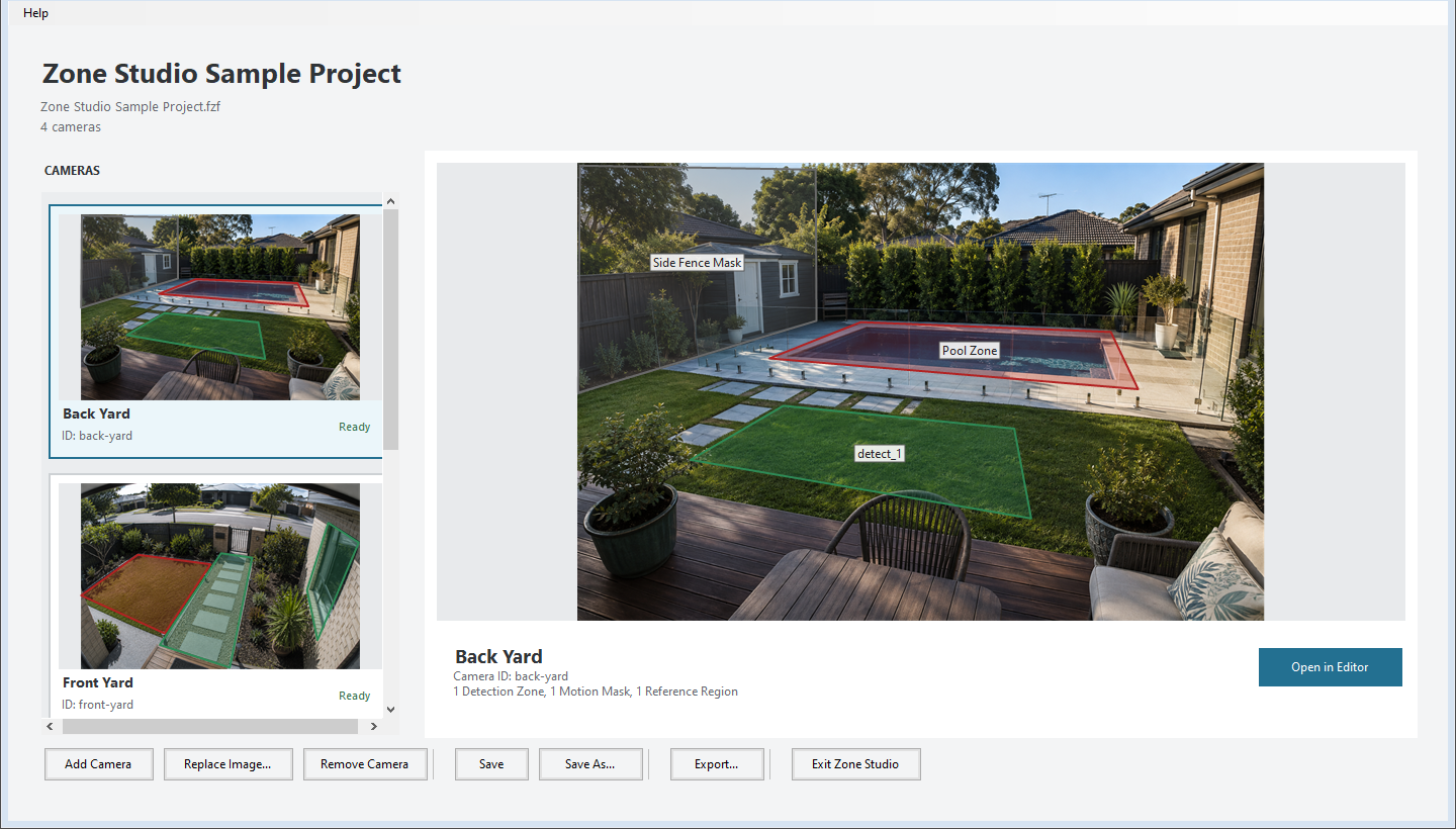 Zone Studio Sample Project showing four cameras and zones, masks and reference regions over the selected camera view