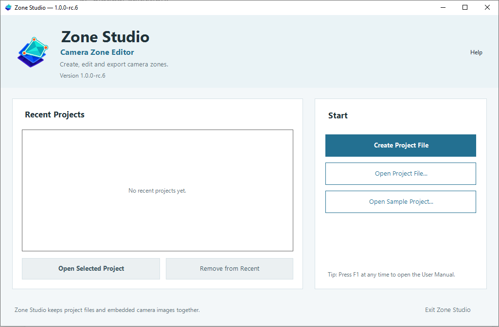 Zone Studio 1.0.0 release candidate 6 redesigned startup screen with project and sample-project actions