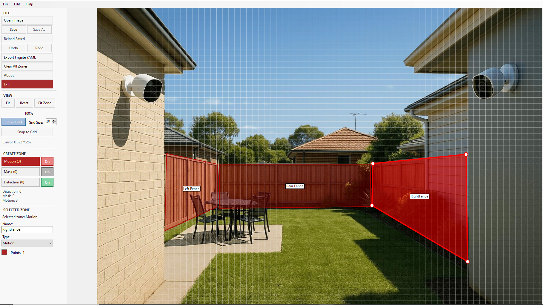 The real Zone Studio editor with a grid and three fence motion zones